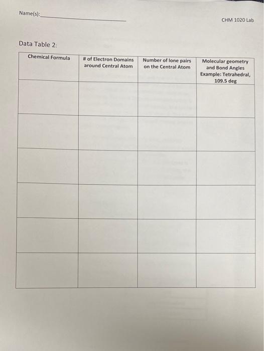 Solved Name(s): CHM 1020 Lab Part B: Molecular Geometry In | Chegg.com