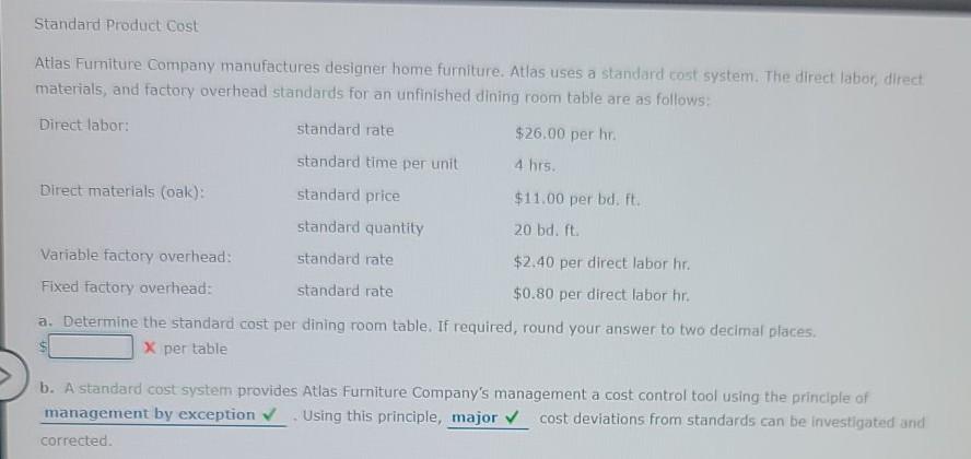 Solved Standard Product Cost Atlas Furniture Company | Chegg.com
