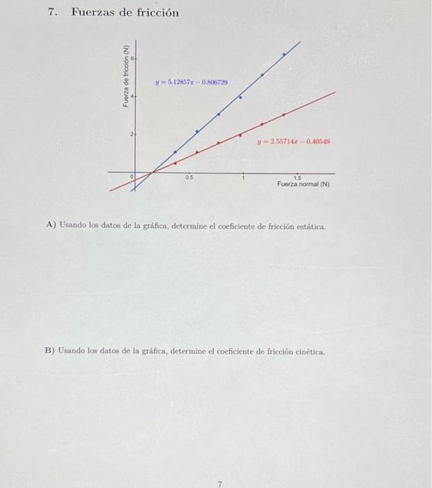 7. Fuerzas de fricción A) Usando los datos de la gráfica, determine el coeficiente de fricción estática. B) Usando los datos