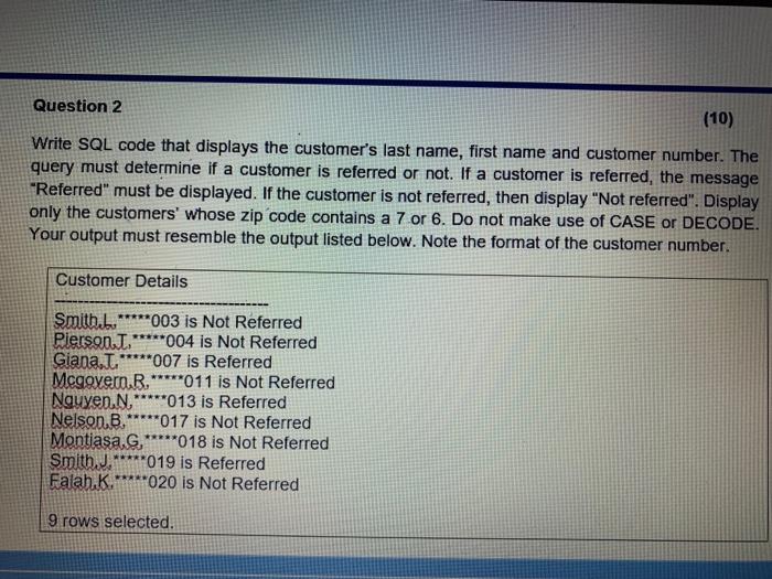 Solved (10) Write SQL code that displays the customer's last | Chegg.com