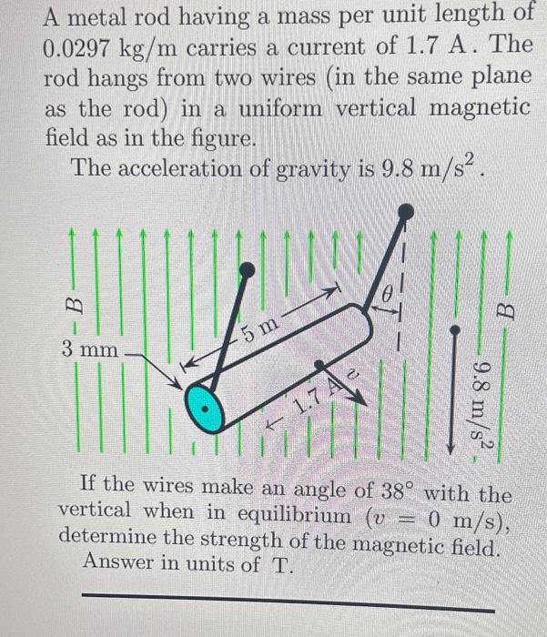 Solved A metal rod having a mass per unit length of 0.0297 | Chegg.com