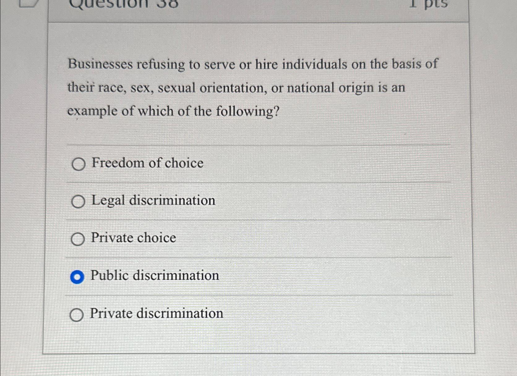 Solved Businesses refusing to serve or hire individuals on | Chegg.com