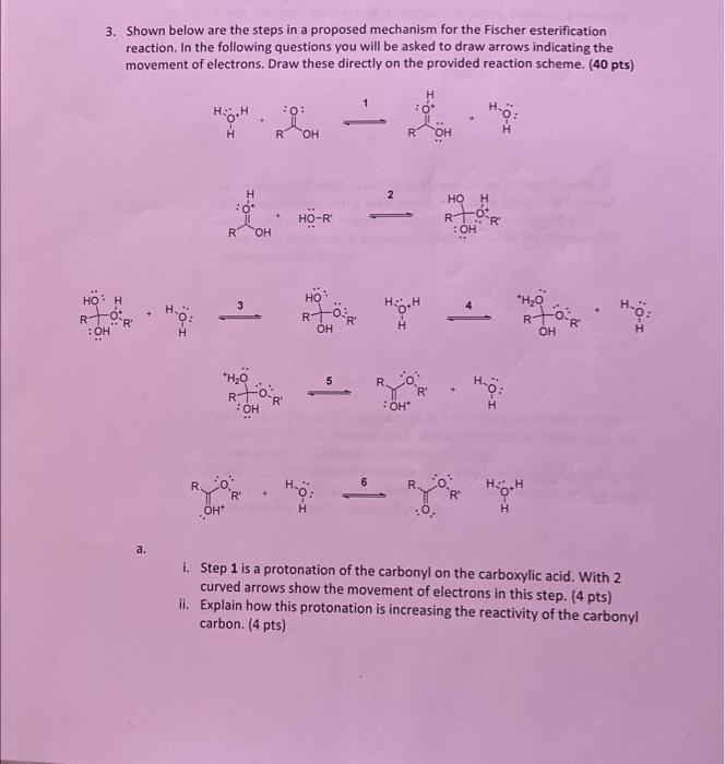 3. Shown below are the steps in a proposed mechanism for the Fischer esterification reaction. In the following questions you 