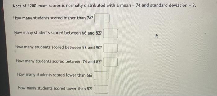 Solved A set of 1200 exam scores is normally distributed | Chegg.com