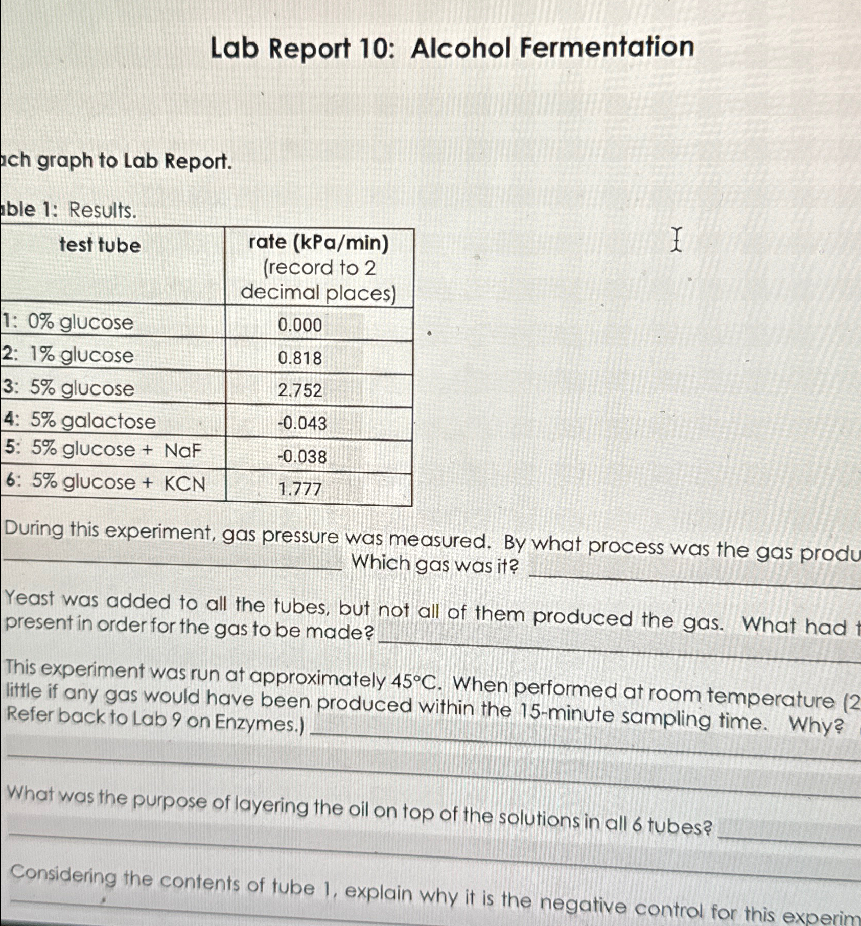 Solved Lab Report 10: Alcohol Fermentationach graph to Lab | Chegg.com