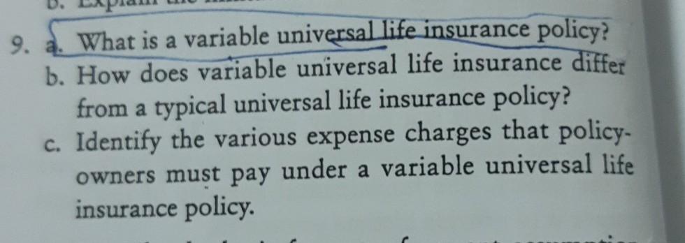 Solved a 9. a. What is a variable universal life insurance | Chegg.com