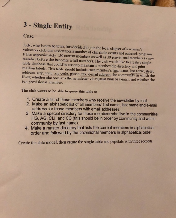 3 - Single Entity Case Judy, who is new to town, has decided to join the local chapter of a womans volunteer club that under