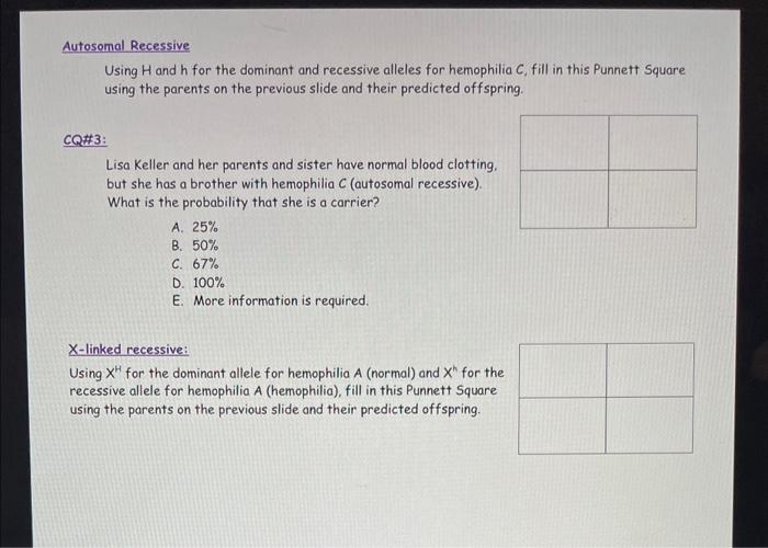 Autosomal Recessive Using H and h for the dominant | Chegg.com