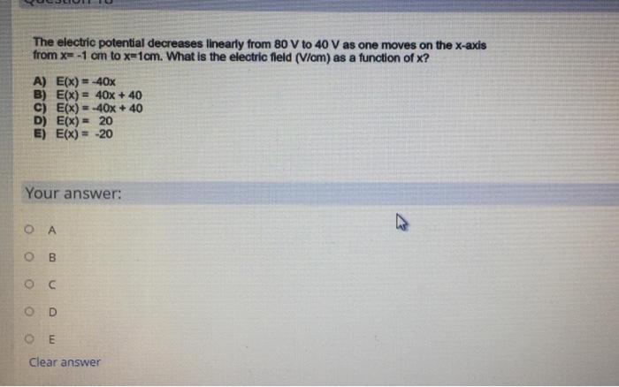 Solved The electric potential decreases linearly from 80 V | Chegg.com