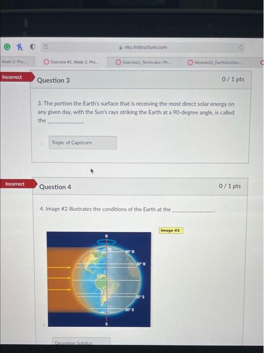 3. The portion the Earths surface that is receiving the most direct solar energy on any given day, with the Suns rays strik
