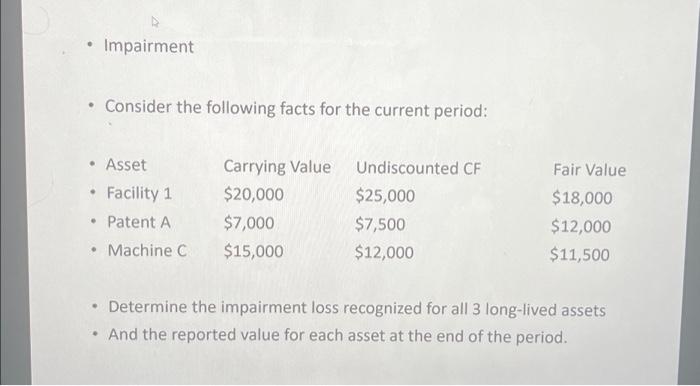 - Consider the following facts for the current period:
- Determine the impairment loss recognized for all 3 long-lived assets