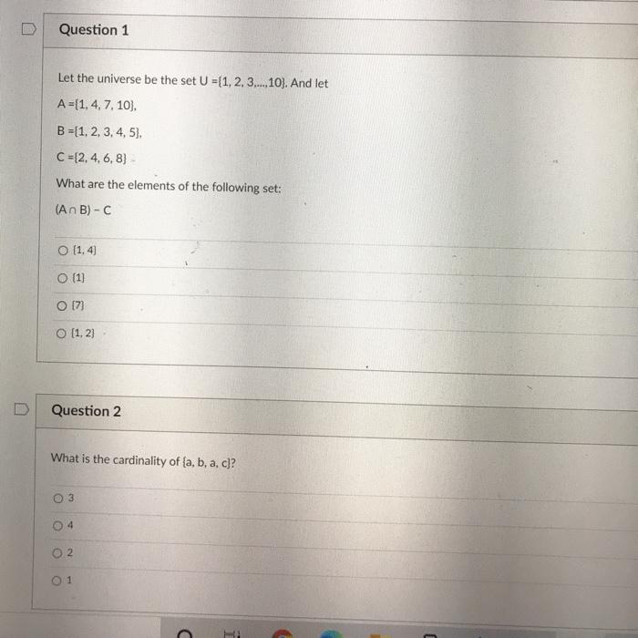 Solved Question 1 Let The Universe Be The Set U 1 2 3 Chegg Com