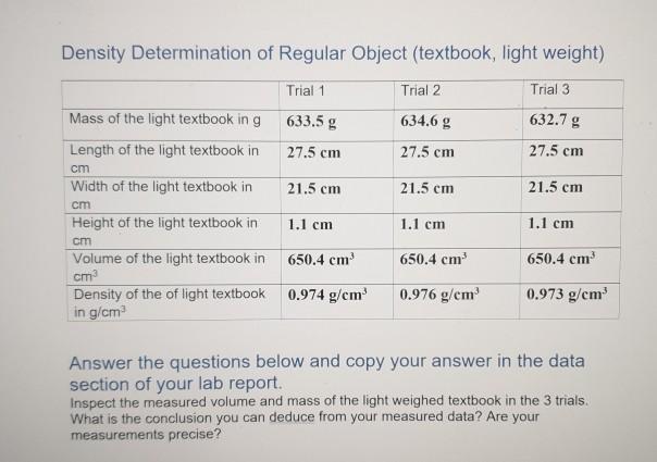 Solved Density Determination of Regular Object (textbook, | Chegg.com