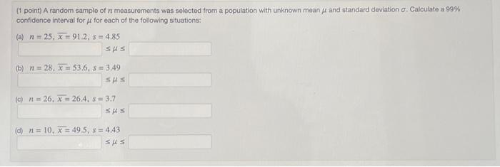 Solved (1 point) A random sample of n measurements was | Chegg.com