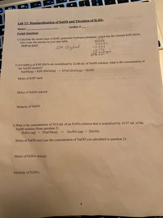 Solved Lab 11 Standardization Of Naoh And Titration Of Chegg Com