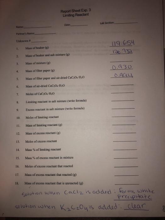 Solved Report Sheet Exp. 3 Limiting Reactant Date: Lab | Chegg.com