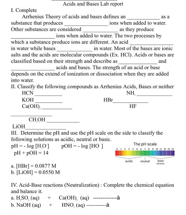 Solved as a Acids and Bases Lab report 1. Complete Arrhenius