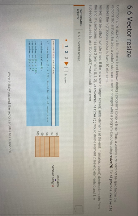 Solved 6.6 Vector resize Commonly, the size of a list of | Chegg.com