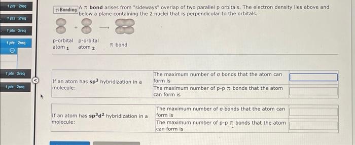 \( \pi \) Bonding \( A \) bond arises from sideways overiap of two parallel p orbitals. The electron density lies above and