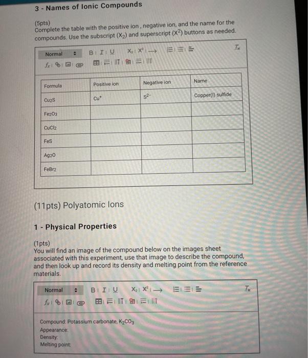 Solved 3 Names Of Lonic Compounds 5pts Complete The 