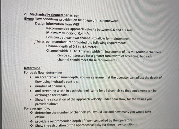 Solved 2. Mechanically Cleaned Bar Screen Glven: Flow | Chegg.com