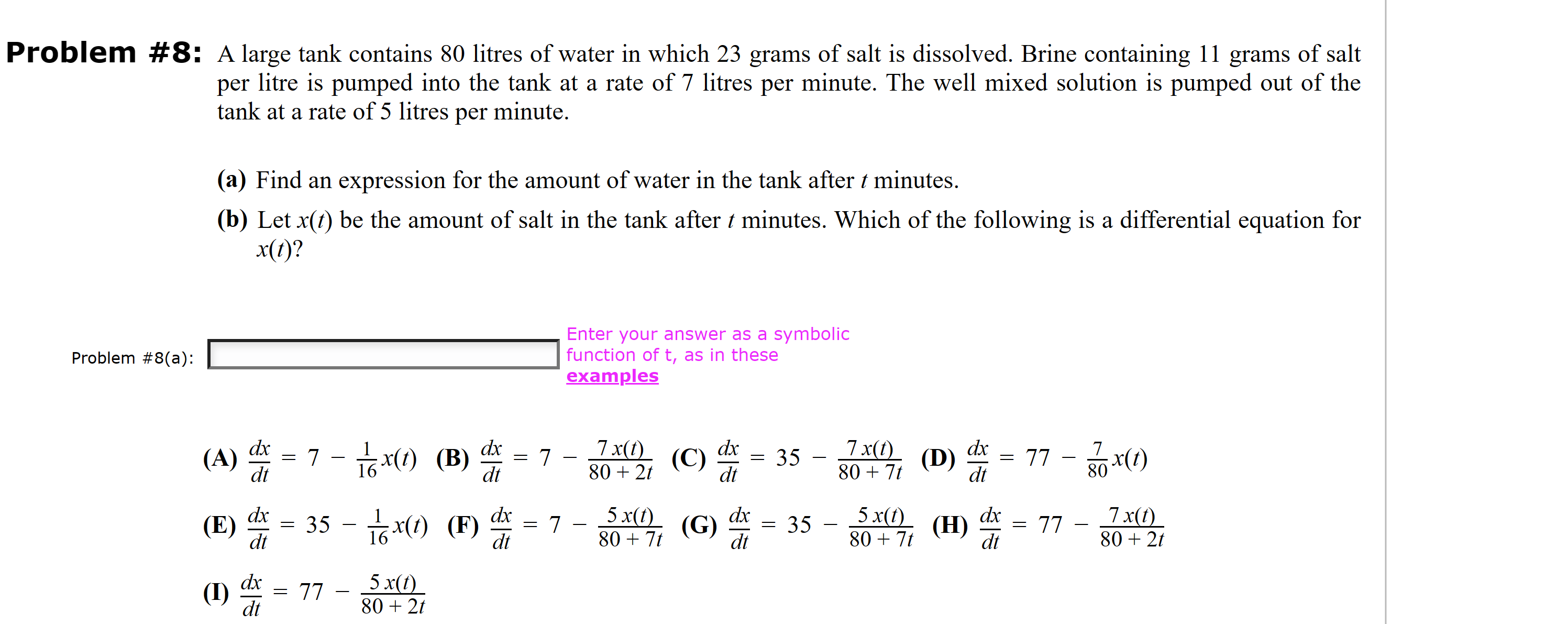 Solved Problem #8: A Large Tank Contains 80 ﻿litres Of Water | Chegg.com