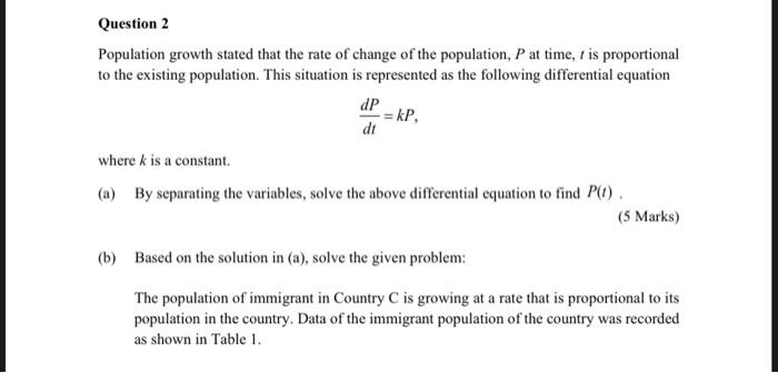 Solved Question 2 Population growth stated that the rate of | Chegg.com
