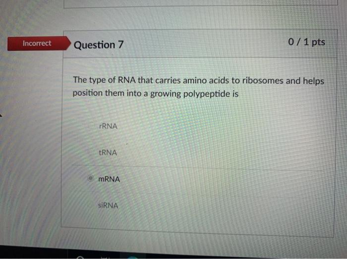 Solved Incorrect Question 7 0 / 1 pts The type of RNA that