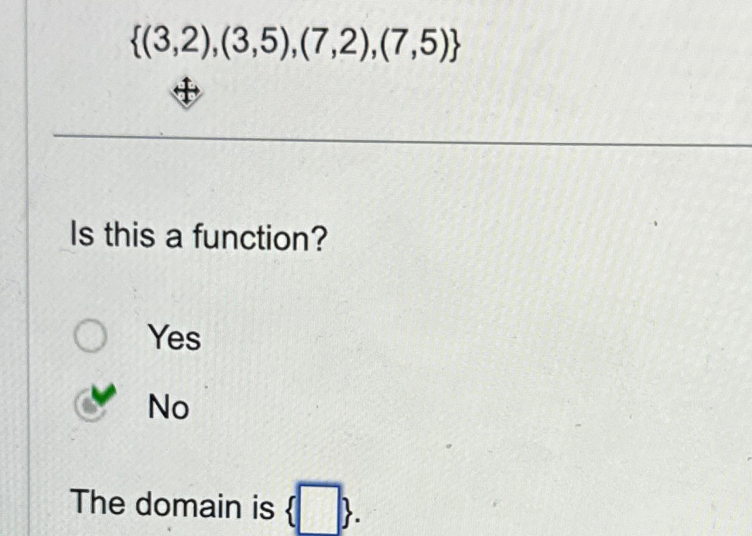 Solved {(3,2),(3,5),(7,2),(7,5)}Is this a function?YesNoThe | Chegg.com