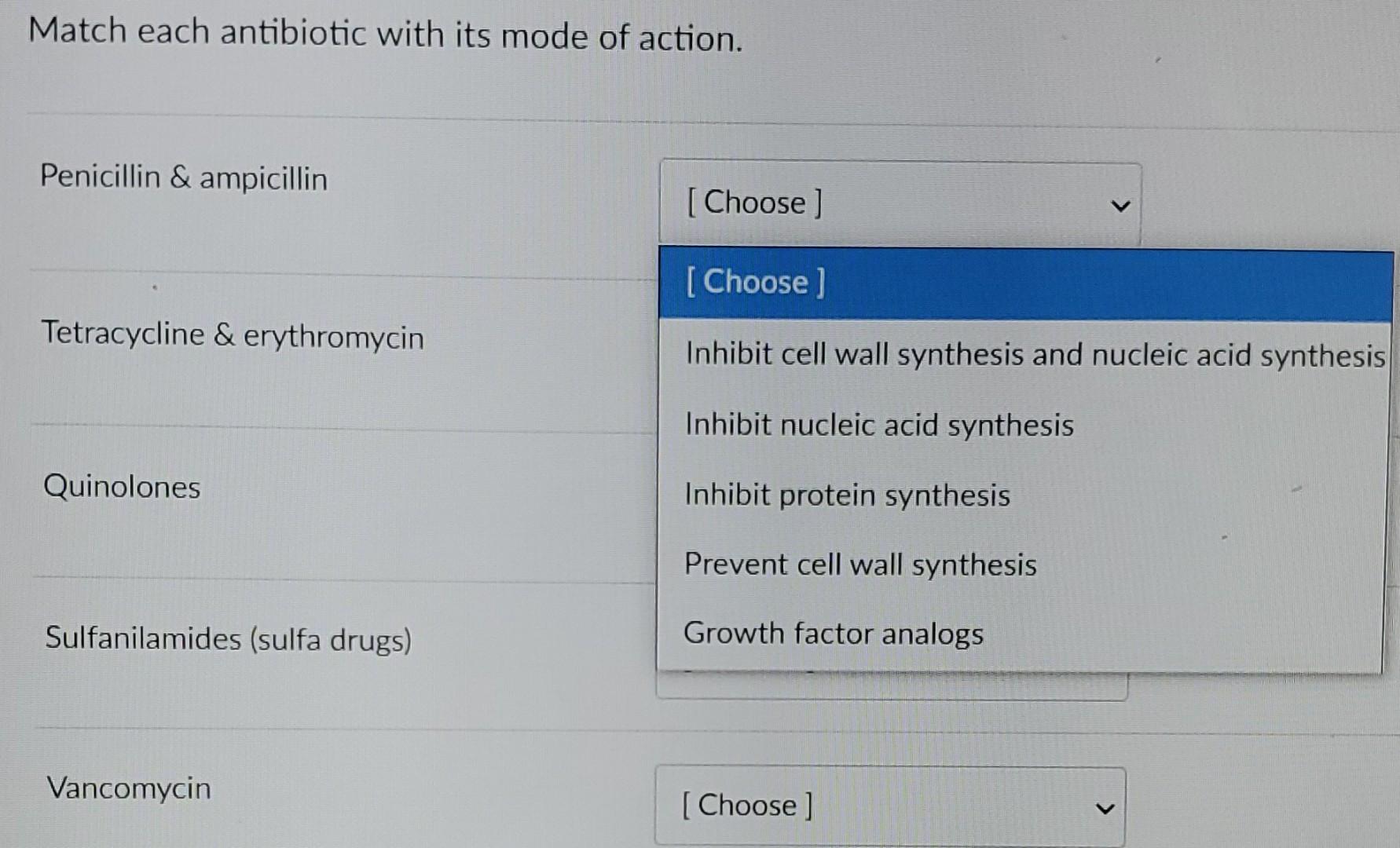 Solved Match each antibiotic with its mode of action. | Chegg.com
