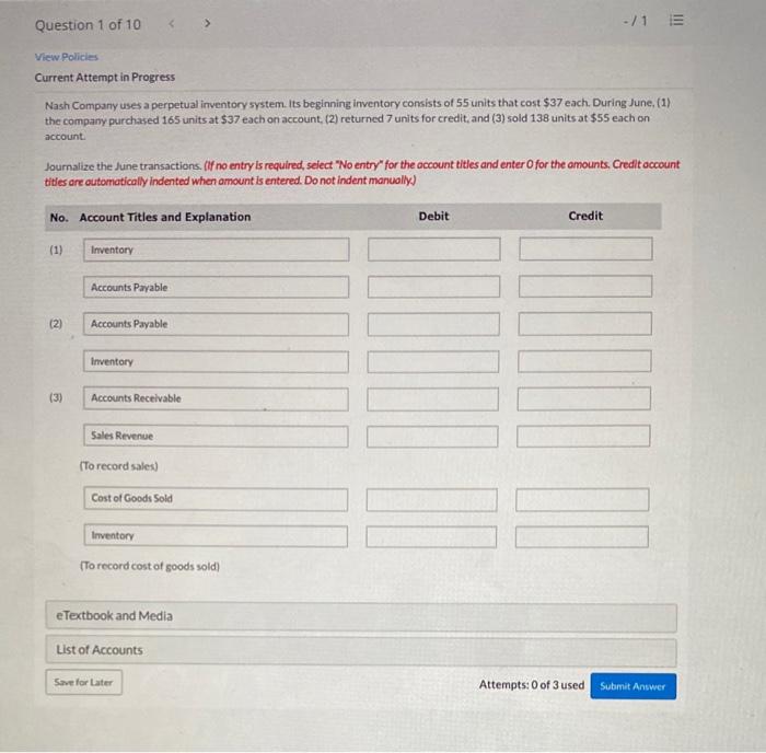 Solved Question 1 of 10 > -/1 E View Policies Current | Chegg.com