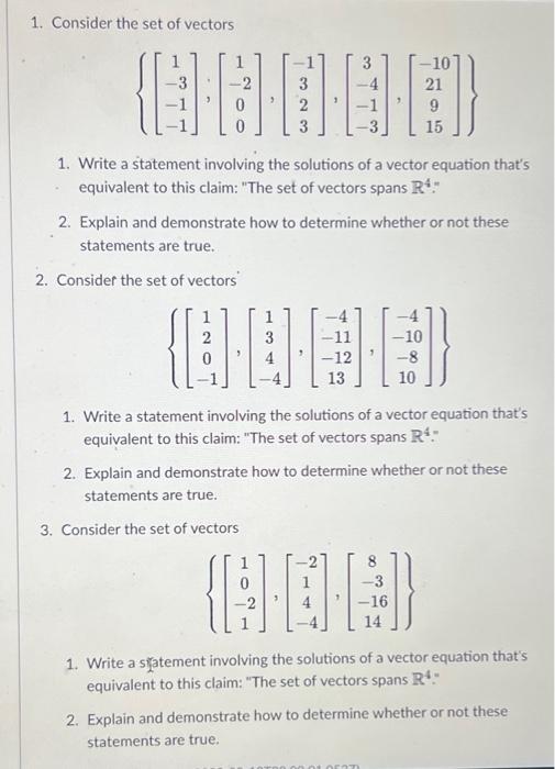 Solved 1. Consider the set of vectors | Chegg.com