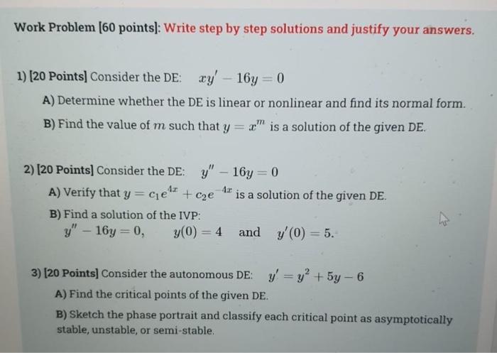 Solved Work Problem (60 points]: Write step by step | Chegg.com