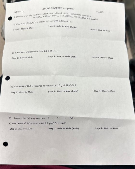[Solved] stoichiometry assignment 7) Chlorine is used by te