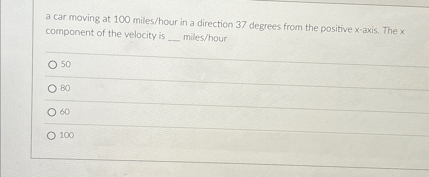 Solved a car moving at 100 ﻿miles/hour in a direction 37 | Chegg.com