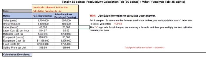 Solved Total = 55 points: Productivity Calculation Tab (30 | Chegg.com