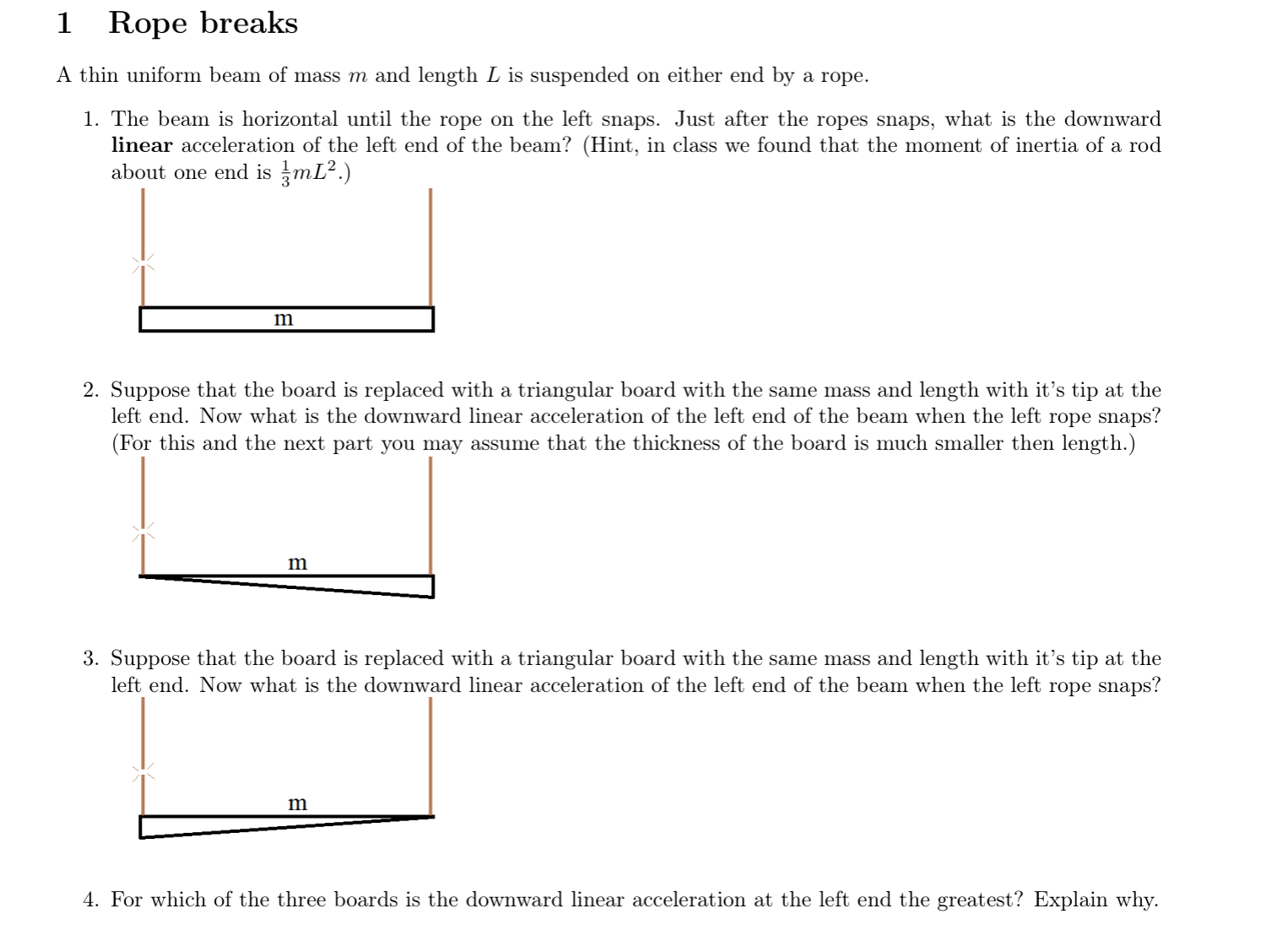 Solved 1 Rope breaksA thin uniform beam of mass m and | Chegg.com