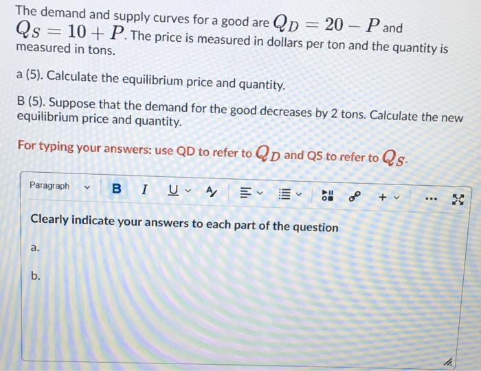 Solved The demand and supply curves for a good are Qp = 20