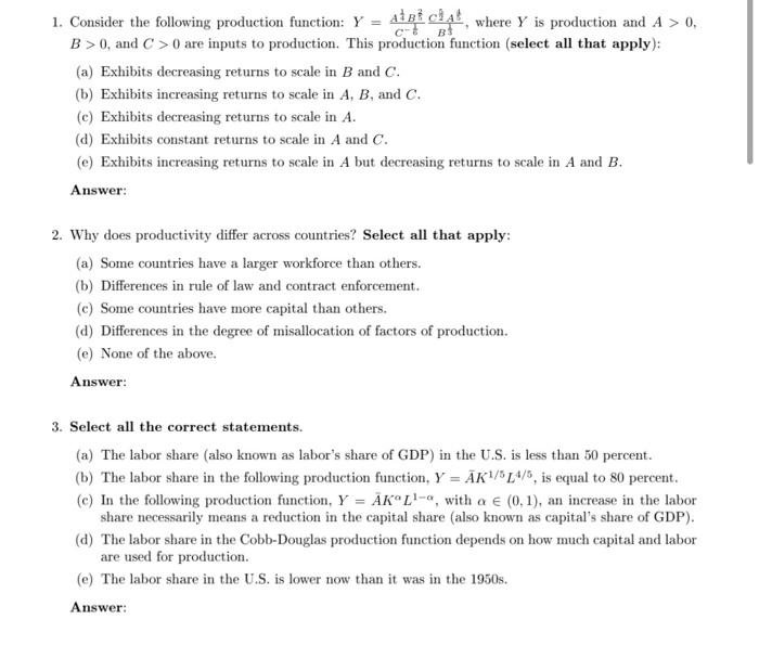 Solved 1. Consider The Following Production Function: | Chegg.com