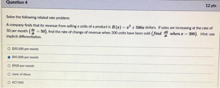 Solved Question 4 12 pts Solve the following related rate | Chegg.com