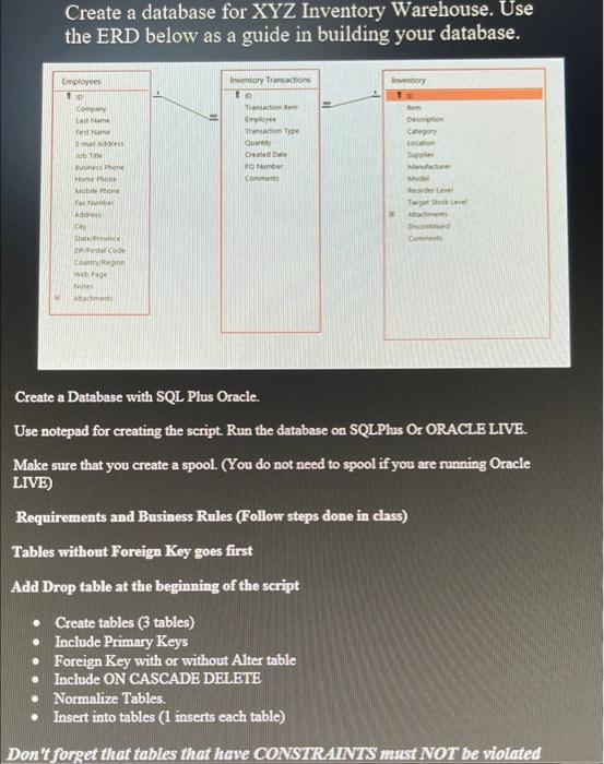 Solved Create a database for XYZ Inventory Warehouse. Use | Chegg.com