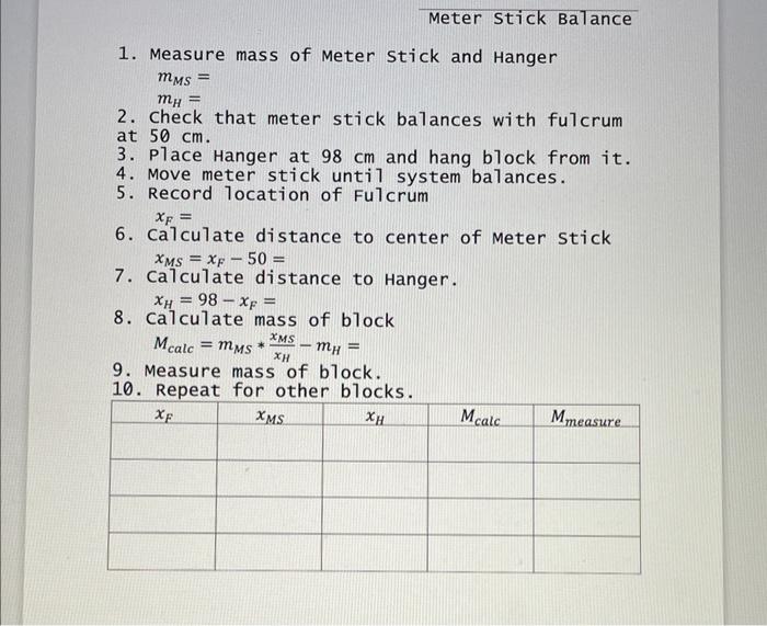1. Measure mass of Meter Stick and Hanger mMS= mH= 2.