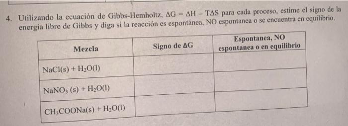 4. Utilizando la ecuación de Gibbs-Hemholtz, AG = AH - TAS para cada proceso, estime el signo de la energia libre de Gibbs y