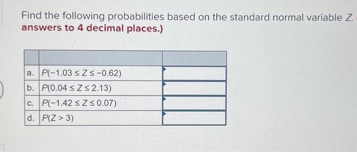 Solved Find The Following Probabilities Based On The | Chegg.com