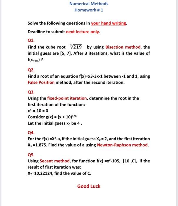 Solved Numerical Methods Homework 1 Solve the following