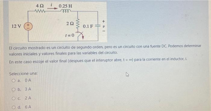 i 4 Ω WW 0.25 H no + 22 12 V 0.1Fv 1=0 El circuito mostrado es un circuito de segundo orden, pero es un circuito con una fuen