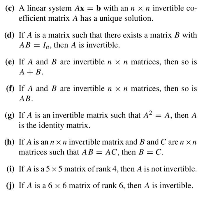 Solved For items (a)-(j), decide if the given statement is | Chegg.com