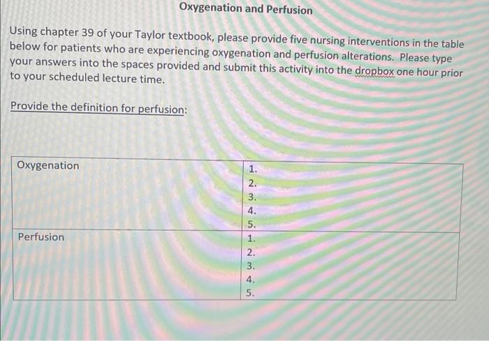 Solved Oxygenation And Perfusion Using Chapter 39 Of Your | Chegg.com