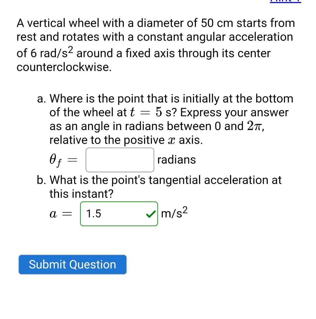 A vertical wheel with a diameter of \( 50 \mathrm{~cm} \) starts from rest and rotates with a constant angular acceleration o