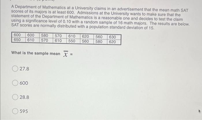 Solved A Department of Mathematics at a University claims in | Chegg.com